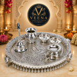 Brass Handicraft Pooja Thali Set with Silver Finish - Image 2