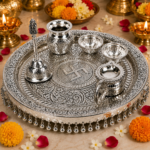 Brass Handicraft Pooja Thali Set with Silver Finish